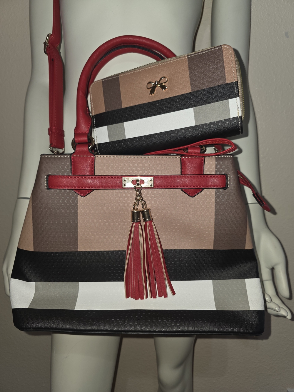 Striped Plaid Tote with Red Trim and Tassel Wallet Set - Women Bags